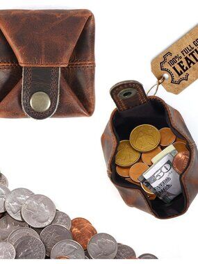 Leather Coin Pouch - Compact Change Holder and Mini Pocket Wallet for Men & Wome